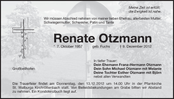 Traueranzeige von Renate Otzmann von Pegnitz-Zeitung